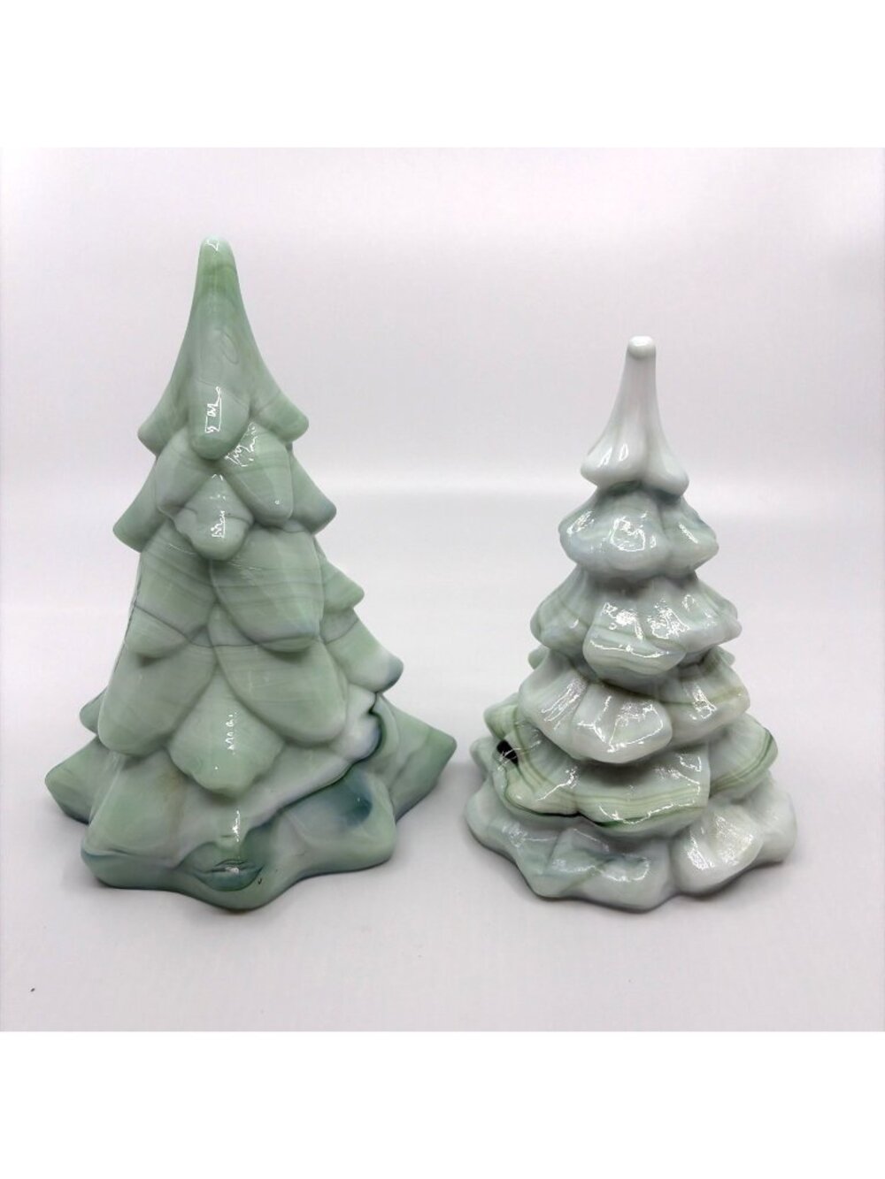 Vintage Fenton Jadeite Green White Slag Glass Christmas Tree Figurines Pair USA